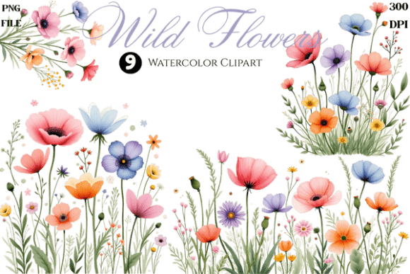 Download Watercolor Wild Flowers Cliparts Bundle - Bundle Collection
